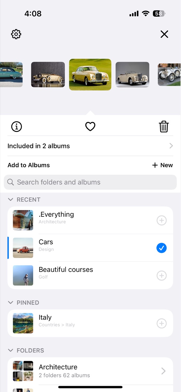 Opla Add to Albums sheet showing search, recent albums, pinned albums, folders, and selected album state